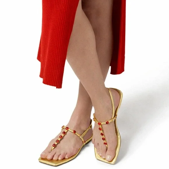 NIB Katy Perry The Camie Gemstone Sandal 5.5 Gold Red Jewels Square Toe Flat - Picture 2 of 11